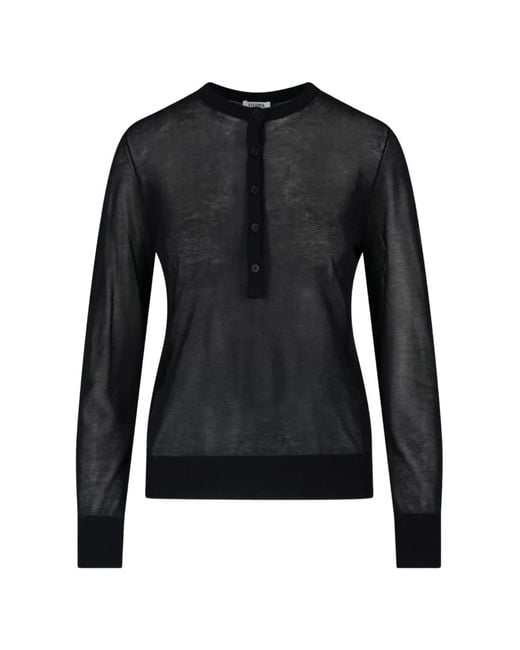 Filippa K Black Sheer-Knit Henley-Neck Long-Sleeve Cotton T-Shirt