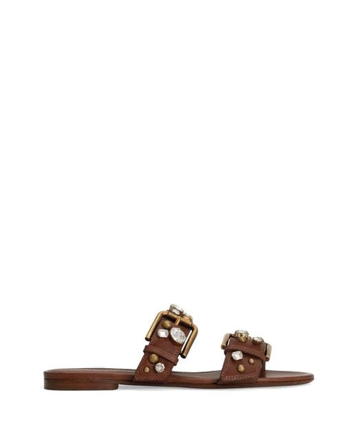 Dolce & Gabbana Brown Cowhide Embellished Flat Slippers
