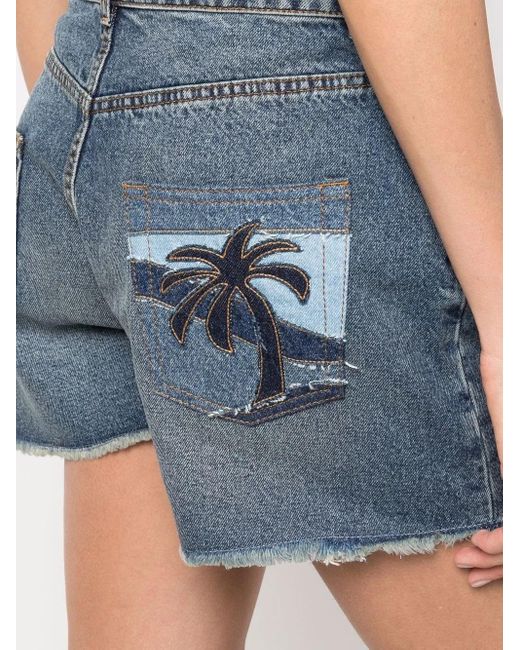 Palm Angels Blue Palm Tree-Embroidered Frayed Denim Shorts