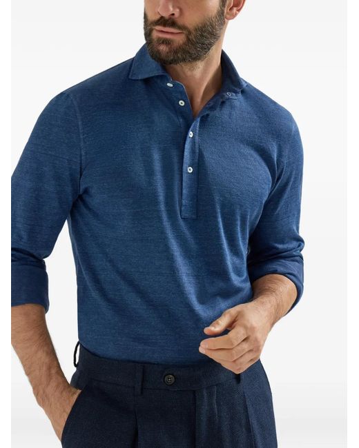 Brunello Cucinelli Blue Long-Sleeve Polo Shirt for men