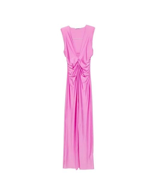 Amen Pink Ruched V-Neck Maxi Dress