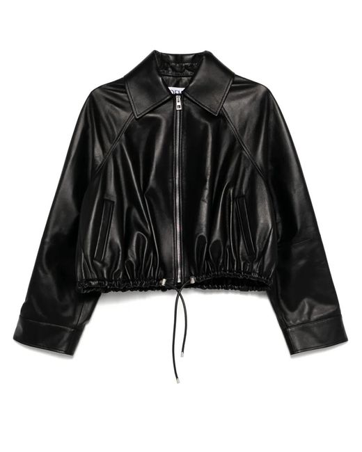 Loewe Black Drawstring-Hem Leather Jacket