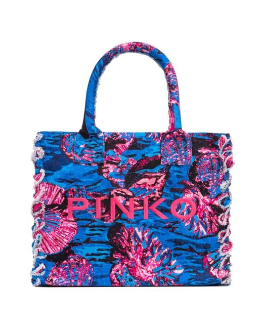 Pinko Blue Floral-print Canvas Beach Bag