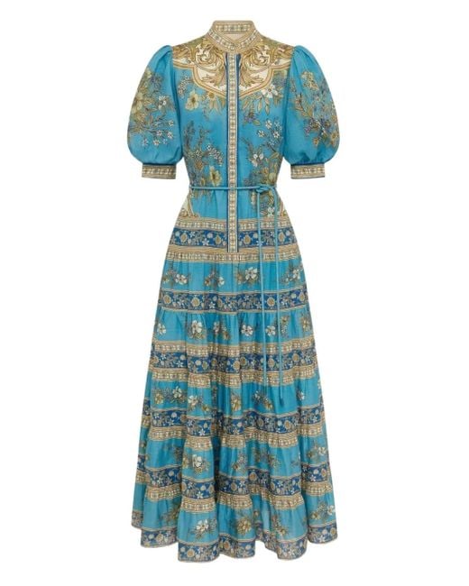 ALÉMAIS Blue Cassie Puff-Sleeve Tiered Dress