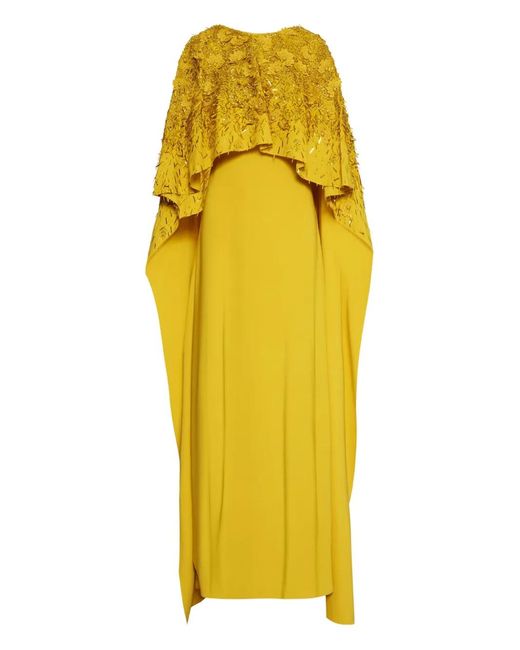 Oscar de la Renta Yellow Peony Sequin And Raffia Embroidered Caftan