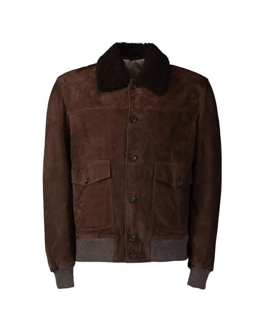 Eleventy Brown Shearling-Collar Suede Bomber Jacket for men