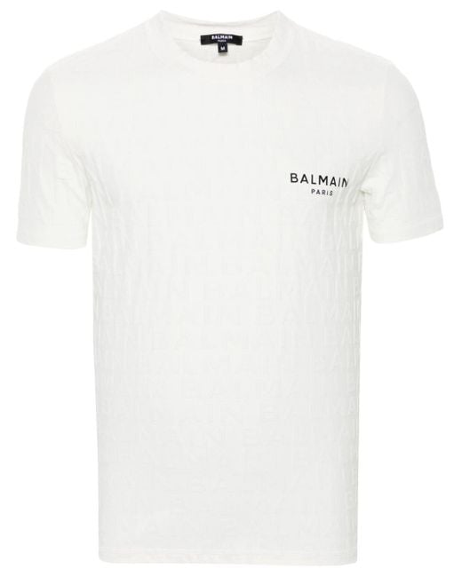 Balmain White Logo-jacquard T-shirt for men