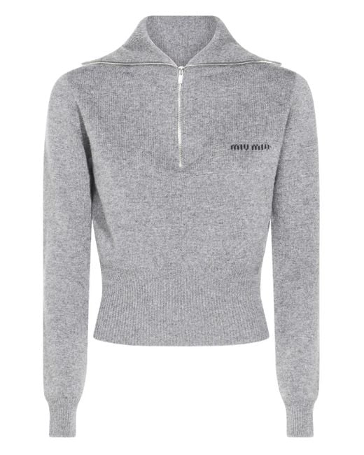 Pull Côtelé À Col Zippé Miu Miu en coloris Gray