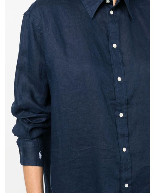Polo Ralph Lauren Blue Logo-embroidered Long-sleeve Linen Shirt