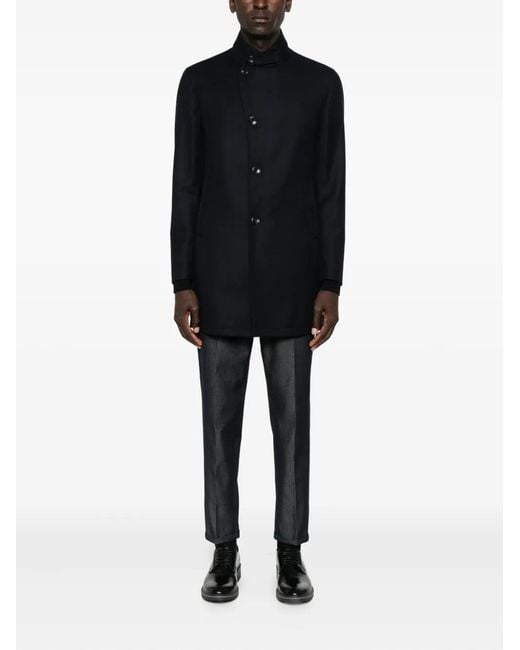 Tagliatore Blue Mandarin-Collar Button Coat for men