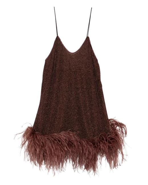 Oseree Brown Feather-Detail V-Neck Mini Dress