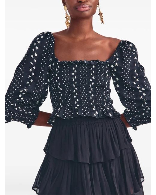 LoveShackFancy Blue Russel Star-Print Ruffled Blouse