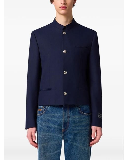 MSGM Blue Mandarin-Collar Logo-Patch Jacket for men