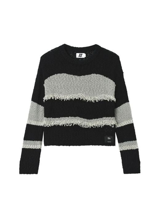 Izzue Black Fringe-Detail Striped Sweater