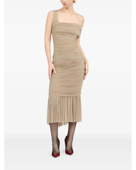 Roberto Cavalli Natural Ruffled One-Shoulder Midi Dress