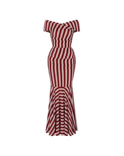 Dolce & Gabbana Red Striped-Pattern Ruched-Detailing Maxi Dress