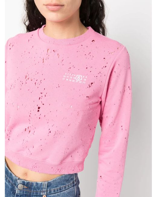 MM6 by Maison Margiela Pink Distressed Logo-Print Sweatshirt