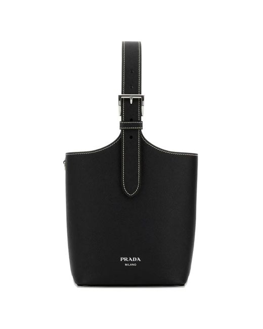 Prada Black Buckle Leather Bucket Bag