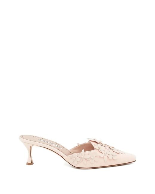 Manolo Blahnik Pink Harnes Floral-Detail Suede Mules