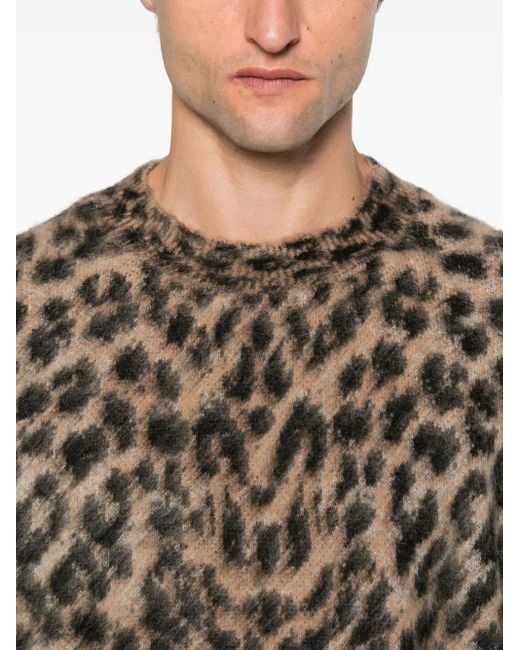 Laneus Brown Leopard-Print Crew-Neck Sweater for men