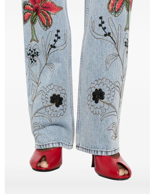 Valentino Garavani Blue Floral-Embroidery Jeans