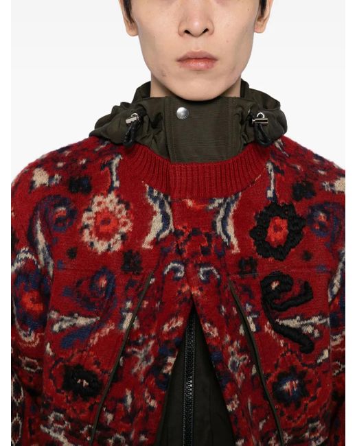 Sacai Red Floral-Jacquard Bomber Jacket for men