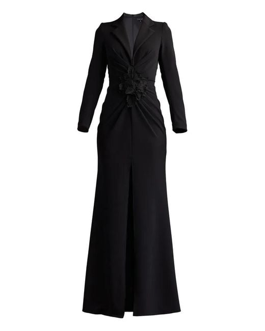 Tadashi Shoji Black Flower-Embellished V-Neck Gown