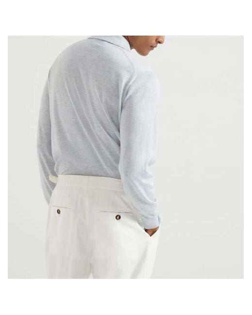 Brunello Cucinelli White Cashmere And Silk Knitted Polo for men