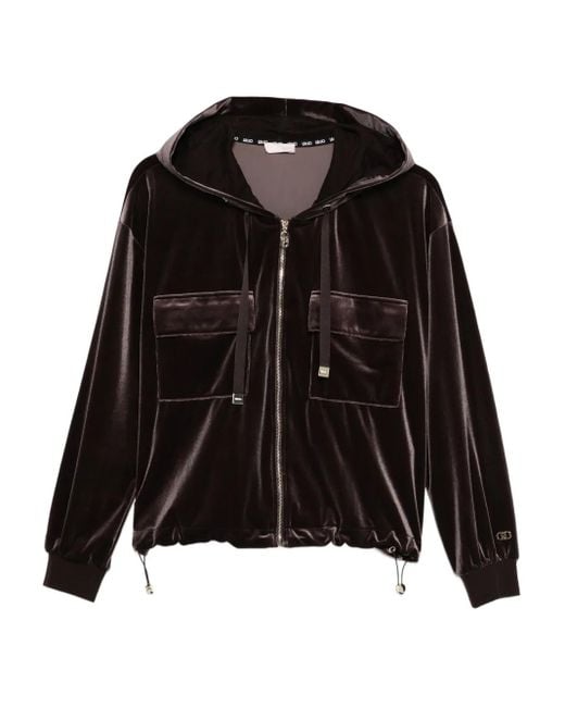 Liu Jo Black Cropped Velvet Hoodie With Zipper Closure