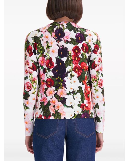 Oscar de la Renta Red Hollyhocks Floral-Print Cardigan