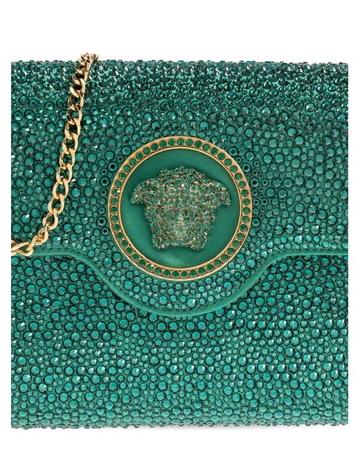 Versace Green La Medusa Embellished Satin Clutch
