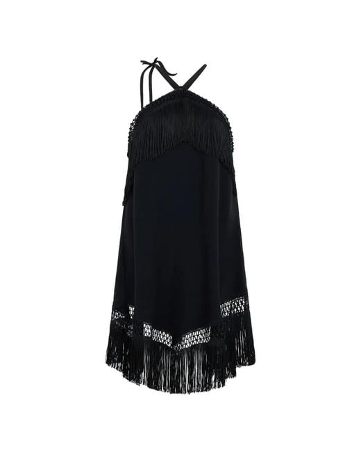LES FILLES D'EVA Black Fringe-Trimmed Crochet-Knit Mini Dress
