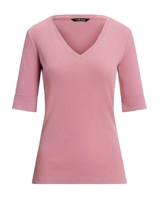 Ralph Lauren Pink V-Neck Cuffed-Sleeve T-Shirt
