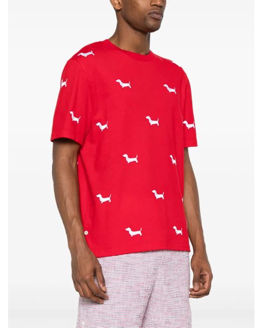 Thom Browne Dog-Embroidery T-Shirt in Red for Men | Lyst