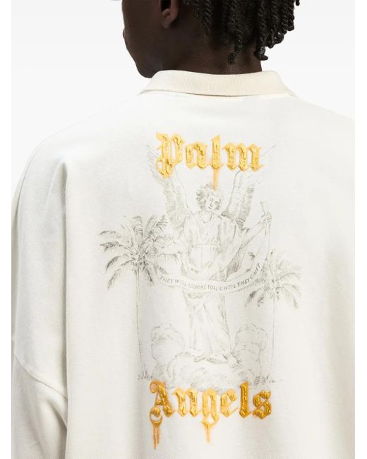 Palm Angels White Logo-Print Cotton Polo Shirt for men