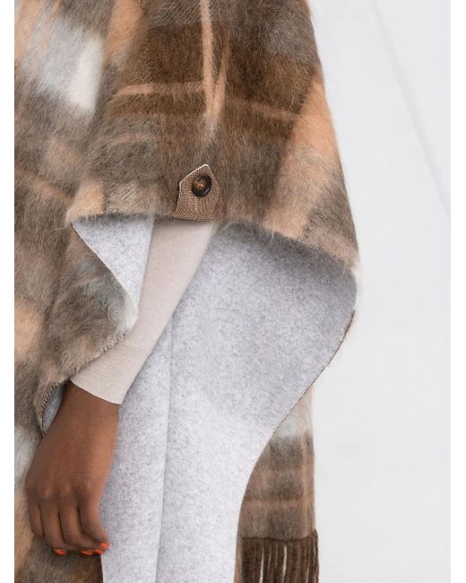 Brunello Cucinelli Brown Check-Print Frayed-Edge Cape