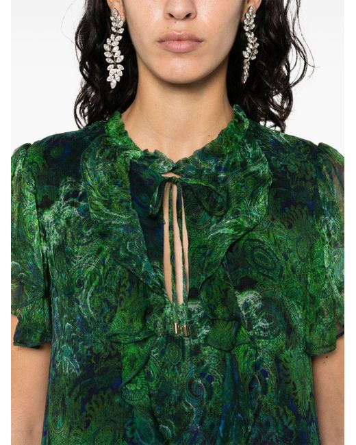 Nissa Green Ruffled Paisley Silk Mini Dress