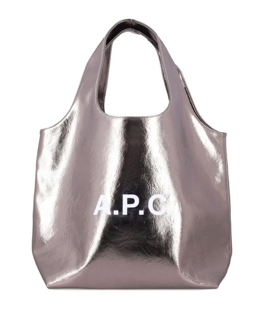A.P.C. Gray Large Ninon Metallic Logo Tote Bag