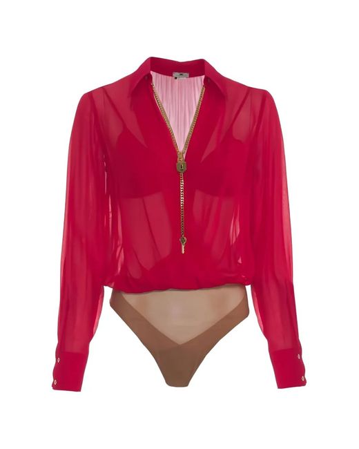 Elisabetta Franchi Red Chain-Link Padlock-Detail Bodysuit