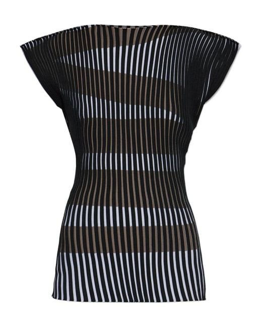 Issey Miyake Black Striped Pleated Top