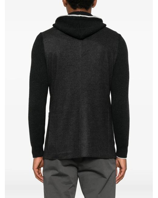 Eleventy Black Hooded Knit-Sleeve Jacket for men