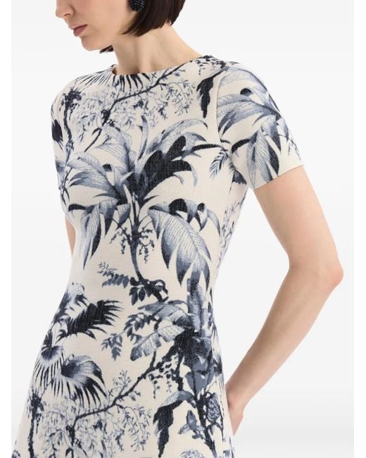 Oscar de la Renta White Chiné Palm Leaves Knit Dress