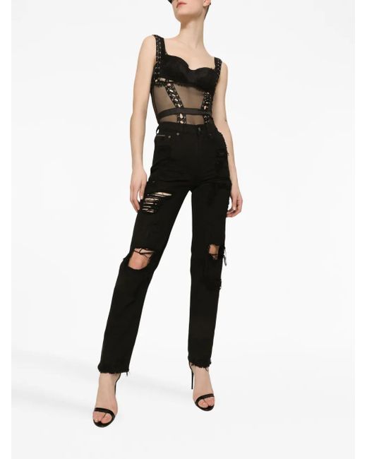 Dolce & Gabbana Black Floral-Lace V-Neck Bodysuit