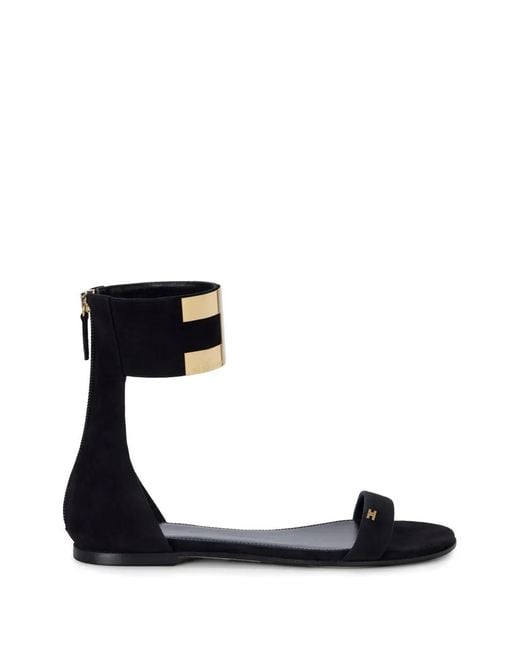 Elisabetta Franchi Black Suede Flat Sandals With Jewelled Logo