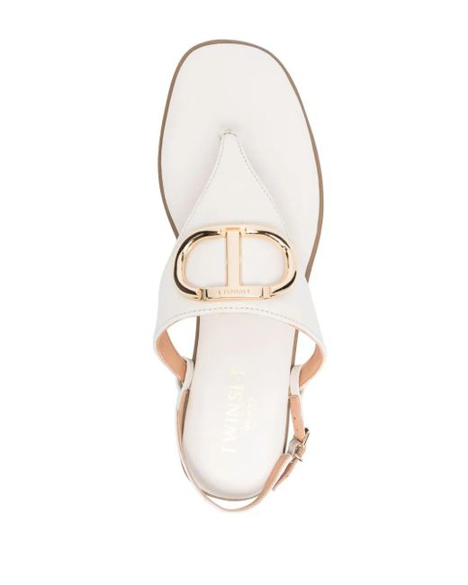 Twinset White Logo-Plaque Thong-Strap Leather Sandals