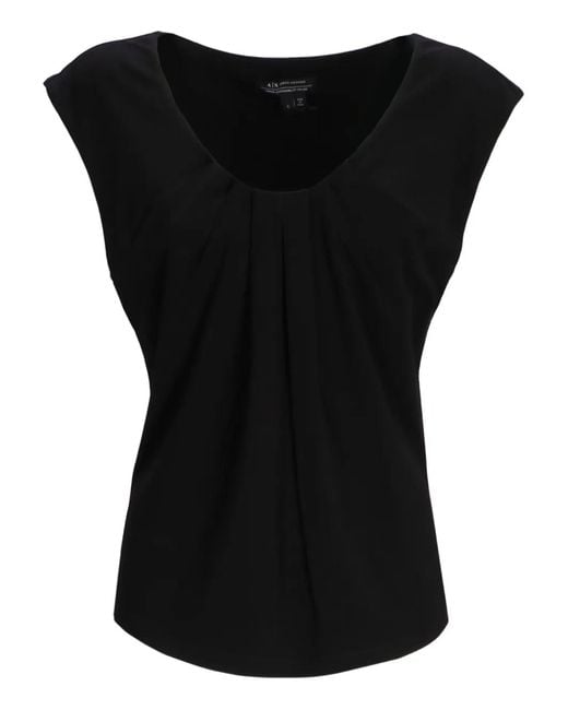 ARMANI EXCHANGE Black Pleated Cap-Sleeve Top