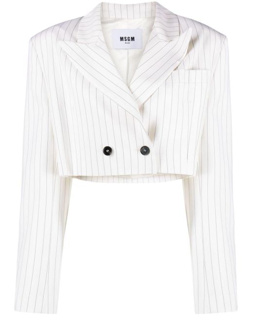 MSGM White Pinstripe-pattern Cropped Blazer