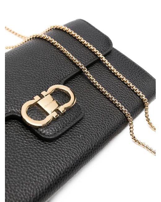 Ferragamo Black Double Gancini Leather Clutch Bag