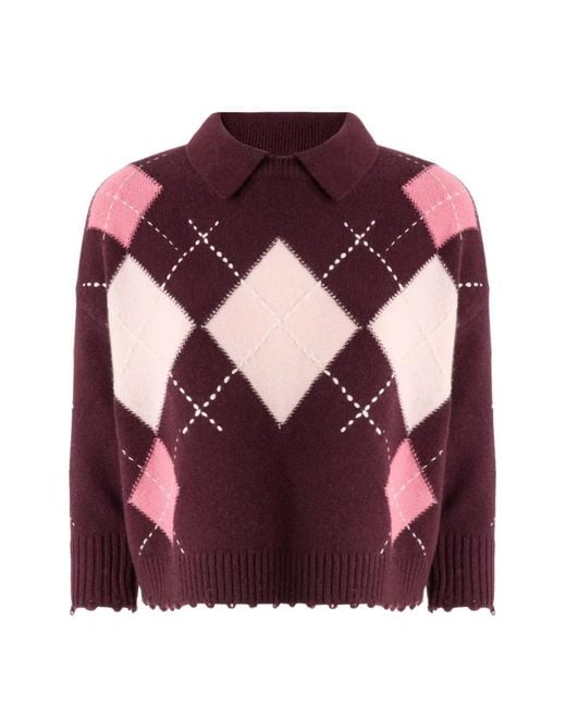Pinko Purple Argyle-Pattern Distressed Sweater