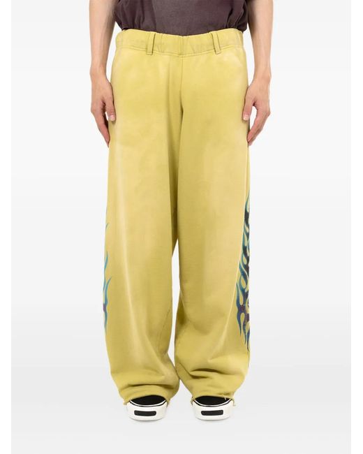 KAMIYA Yellow Flame-Print Distressed Trousers for men